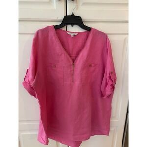 Company Ellen‎ Tracy XXL Pink Linen Half Zip Roll Tab Sleeve Top